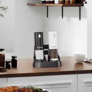 Electric Salt and Pepper Grinder Set with Dual Charging Base, 6 Adjustable Coarseness Levels & External Grind Settings, One-handed Operation Salt and Pepper Mills with LED Light,Black & White