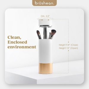 UVC Sanitizer with Ozone, Makeup Brush Holder, One Touch for Open, Dustproof Make Up Supplies Organized Storage, Stylish and Durable Design (Standard, White/Rose Gold)