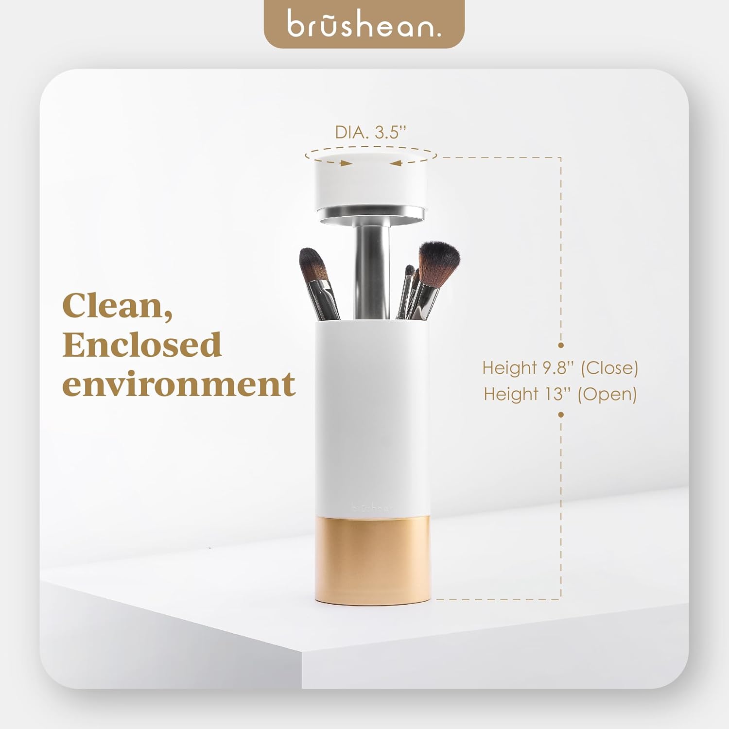 UVC Sanitizer with Ozone, Makeup Brush Holder, One Touch for Open, Dustproof Make Up Supplies Organized Storage, Stylish and Durable Design (Standard, White/Rose Gold)