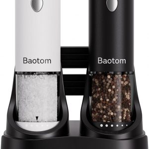 Electric Salt and Pepper Grinder Set with Dual Charging Base, 6 Adjustable Coarseness Levels & External Grind Settings, One-handed Operation Salt and Pepper Mills with LED Light,Black & White