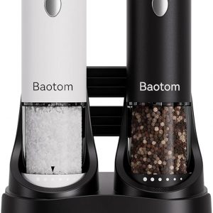 Electric Salt and Pepper Grinder Set with Dual Charging Base, 6 Adjustable Coarseness Levels & External Grind Settings, One-handed Operation Salt and Pepper Mills with LED Light,Black & White
