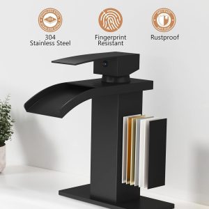 Grifo de baño en cascada de 1 agujero, grifo de baño de un solo agujero, grifo de lavabo de tocador de una sola manija con placa de cubierta, drenaje emergente y líneas de suministro, negro mate