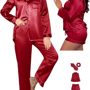 WJing Yi Jia 5Pcs XS-XXL Womens Silk Satin Pajamas Sets Long Pj Sets Button Down Pjs Set Loungewear Sleepwear