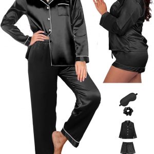 WJing Yi Jia 5Pcs XS-XXL Womens Silk Satin Pajamas Sets Long Pj Sets Button Down Pjs Set Loungewear Sleepwear