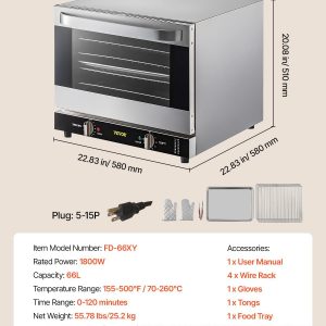 VEVOR Commercial Convection Oven, 66L/60Qt, Half-Size Conventional Oven Countertop, 1800W 4-Tier Toaster w/Front Glass Door, w/Trays Wire Racks Clip Gloves, 120V