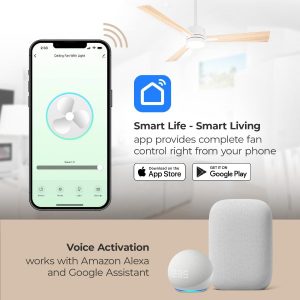 Madera 52in 3-Blade Smart Indoor or Outdoor Ceiling Fan 2700K-6000K CCT Tunable Range LED Light Kit in Matte Black with Distressed Koa Solid Wood Blades Works With iOS or Android App