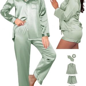 WJing Yi Jia 5Pcs XS-XXL Womens Silk Satin Pajamas Sets Long Pj Sets Button Down Pjs Set Loungewear Sleepwear