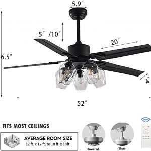 Black Ceiling Fan with Light and Remote 6 Speed Mute Metal Reversible Blades 5 Light 52" for Indoor Industrial Rustic Farmhouse Bedroom Living Room Dining Room