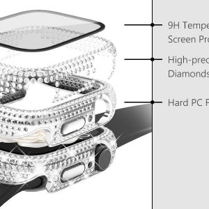 WINGLE Paquete de 2 fundas para Apple Watch Series 11 10 de 1.81 pulgadas, protector de pantalla completo con 300 diamantes de cristal para iWatch 11, 10, 1.811 in, con protector de vidrio templado, color plateado y transparente