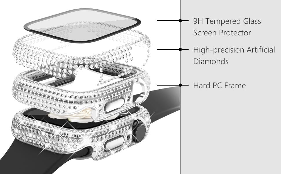 WINGLE Paquete de 2 fundas para Apple Watch Series 11 10 de 1.81 pulgadas, protector de pantalla completo con 300 diamantes de cristal para iWatch 11, 10, 1.811 in, con protector de vidrio templado, color plateado y transparente
