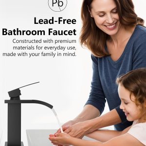 Grifo de baño en cascada de 1 agujero, grifo de baño de un solo agujero, grifo de lavabo de tocador de una sola manija con placa de cubierta, drenaje emergente y líneas de suministro, negro mate