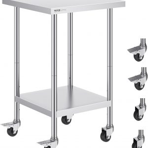 VEVOR Stainless Steel Work Table 24 x 24 x 38 Inch, 700 LBS Load Capacity with 4 Wheels, 3 Adjustable Height Levels, Heavy Duty Food Prep Worktable for Commercial Kitchen Restaurant, Silver