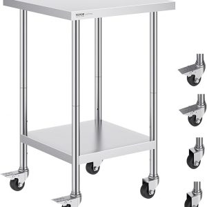 VEVOR Stainless Steel Work Table 24 x 24 x 38 Inch, 700 LBS Load Capacity with 4 Wheels, 3 Adjustable Height Levels, Heavy Duty Food Prep Worktable for Commercial Kitchen Restaurant, Silver