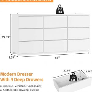 9 Drawers Dresser Storage Cabinet, 63'' Modern White Chest of Drawers, TV Console Stand Organizer with Slide Drawer Design for Bedroom, Living Room, Dining Room, Kitchen, Hallway, Entryway
