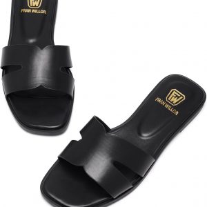 Women's Flat Sandals Dressy Comfortable Slide Sandals Fashion Square Open Toe Slip On Beach Sandals for Summer