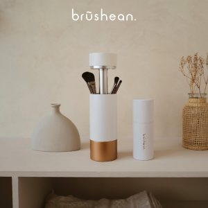 UVC Sanitizer with Ozone, Makeup Brush Holder, One Touch for Open, Dustproof Make Up Supplies Organized Storage, Stylish and Durable Design (Standard, White/Rose Gold)