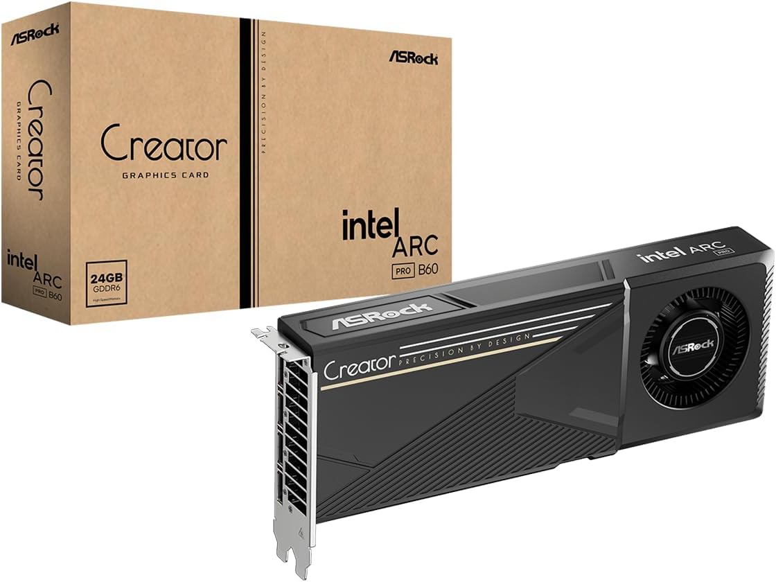 ASRock Intel Arc Pro B60 Creator - Tarjeta gráfica de 24 GB, arquitectura Intel Xe2-HPG, GDDR6 de 24 GB, PCIe 5.0, 4X DisplayPort 2.1, diseño de soplador, refrigeración silenciosa de 0 dB