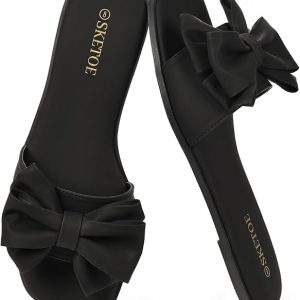 Womens Bow Flat Sandals Open Saquare Toe Sandals Comfortable Slide Slip On Sandals for Wedding Beach Vacation
