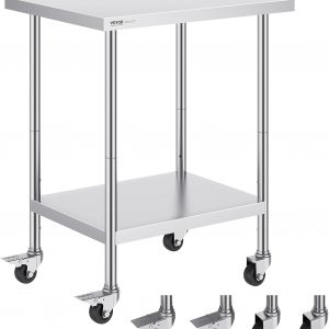 VEVOR Stainless Steel Work Table 24 x 30 x 38 Inch, with 4 Wheels, 3 Adjustable Height Levels, Heavy Duty Food Prep Worktable for Commercial Kitchen Restaurant, Silver