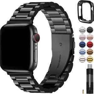 Fullmosa Band Compatible with Apple Watch 44mm 45mm 42mm, Stainless Steel iWatch Band for Apple Watch Se 2 Series 9/8/7/6/5/4/3/2/1(Black, 42mm/44mm/45mm)