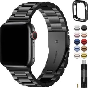 Fullmosa Band Compatible with Apple Watch 44mm 45mm 42mm, Stainless Steel iWatch Band for Apple Watch Se 2 Series 9/8/7/6/5/4/3/2/1(Black, 42mm/44mm/45mm)