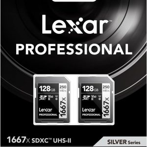 Lexar 128GB (2-Pack) Professional 1667x SD Card, UHS-II, C10, U3, V60, Full HD, 4K, Up To 250MB/s Read SDXC Memory Card, for Professional Photographer, Videographer, Enthusiast (LSD128CBNA16672)