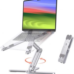 OMOTON LA10 - Soporte giratorio de 360° para computadora portátil, soporte ergonómico plegable para computadora, ángulos de altura ajustables para trabajo colaborativo, fácil almacenamiento, compatible con MacBooks, todas las computadoras portátiles de hasta 16 pulgadas, color plateado