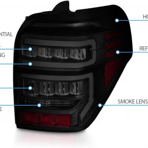 AmeriLite para Toyota 4 Runner 2014-2023 Par de Conjuntos de Luces Traseras de Repuesto con Barra LED Secuencial Negro Ahumado - Lado del Pasajero y del Conductor