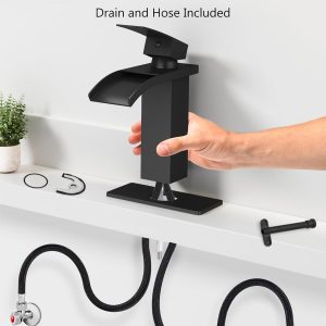 Grifo de baño en cascada de 1 agujero, grifo de baño de un solo agujero, grifo de lavabo de tocador de una sola manija con placa de cubierta, drenaje emergente y líneas de suministro, negro mate