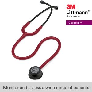 3M Littmann Classic III Monitoring Stethoscope, 5868, More Than 2X as Loud, Weighs Less, Stainless Steel Black-Finish Chestpiece, 27" Burgundy Tube, Black Stem and Headset