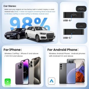 Carlinkit Adaptador inalámbrico de coche 5.0 2air, CarPlay Dongle para CarPlay con cable y auto Android con cable, para iPhone 6+ y Android 11+, fácil configuración a través de conexión USB