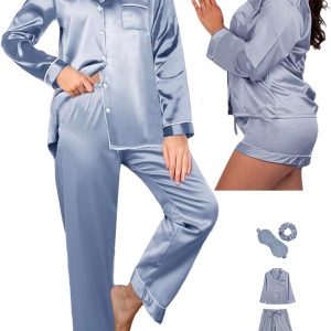 WJing Yi Jia 5Pcs XS-XXL Womens Silk Satin Pajamas Sets Long Pj Sets Button Down Pjs Set Loungewear Sleepwear