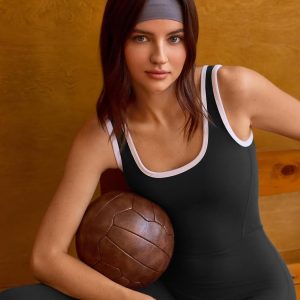 One Piece Workout Jumpsuits for Women - Yoga Full Length Romper with Square Neck and Contrast for Gym