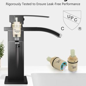 Grifo de baño en cascada de 1 agujero, grifo de baño de un solo agujero, grifo de lavabo de tocador de una sola manija con placa de cubierta, drenaje emergente y líneas de suministro, negro mate