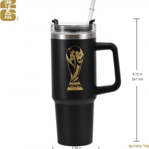 Official FIFA World Cup 2026 Edition - 30oz Insulated Double Tumbler W/Handle & Straw - Premium Stainless Steel- Handwash Only - Keep Beverages Hot 12 hr/Cold 24 hr - Black