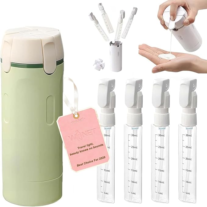 Botellas dispensadoras de viaje 4 en 1, botellas de viaje a prueba de fugas para artículos de tocador, paquete de 4 recipientes recargables de tamaño de viaje de 1.0 fl oz para champú, Onditioner