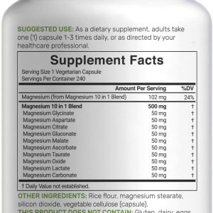 Complejo de magnesio de 500 mg, 480 cápsulas vegetarianas, paquete de 2, glicinato, citrato, malato, óxido y más 100% quelado para una fácil absorción, suplemento mineral esencial, sin OMG