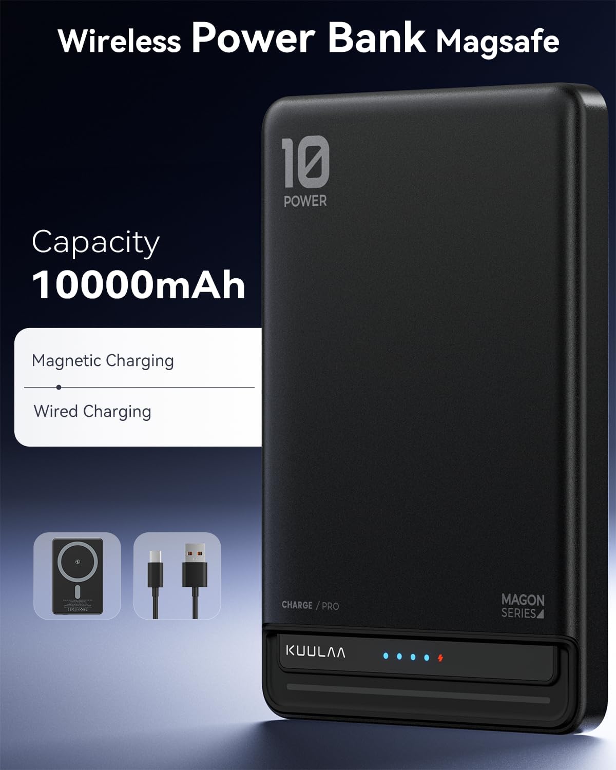Kuulaa para Paquete de Batería MagSafe de 10000mAh, Cargador de Teléfono Portátil Inalámbrico Ultra Delgado de 20W con Pantalla LED, Banco de Energía Magnético para iPhone 16/15/14/13/12 (Negro)