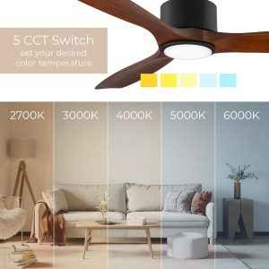 Madera 52in 3-Blade Smart Indoor or Outdoor Ceiling Fan 2700K-6000K CCT Tunable Range LED Light Kit in Matte Black with Distressed Koa Solid Wood Blades Works With iOS or Android App