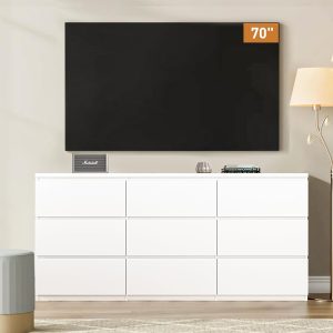 9 Drawers Dresser Storage Cabinet, 63'' Modern White Chest of Drawers, TV Console Stand Organizer with Slide Drawer Design for Bedroom, Living Room, Dining Room, Kitchen, Hallway, Entryway