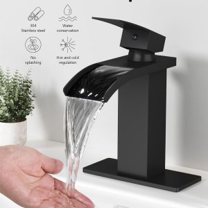 Grifo de baño en cascada de 1 agujero, grifo de baño de un solo agujero, grifo de lavabo de tocador de una sola manija con placa de cubierta, drenaje emergente y líneas de suministro, negro mate