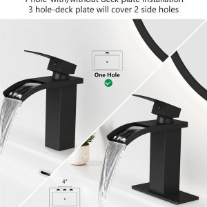 Grifo de baño en cascada de 1 agujero, grifo de baño de un solo agujero, grifo de lavabo de tocador de una sola manija con placa de cubierta, drenaje emergente y líneas de suministro, negro mate