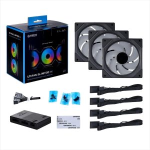 Lian Li UNI Fan SL-Infinity - Ventilador ARGB de 4.724 in, paquete triple, diseño de cadena de margarita, espejo infinito, efectos de iluminación personalizables, conexión de un cable con controlador, negro-UF-SLIN120-3B
