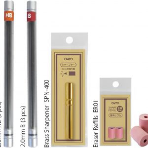 WN03 Wooden Mechanical Pencil Set, 2.0mm Extra Bold, Thick Barrel, Incense Cedar Yellow Pencil with Lead Refills (HB, B), Eraser Refills, and Brass Sharpener for Writing, Sketching, Drawing