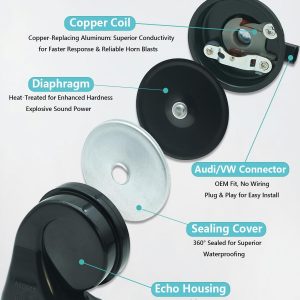 NEOGET Kit de bocina de coche para Audi/Volkswagen, bocina automática impermeable de 12 V, tono dual alto y bajo, 126 decibeles, reemplazo para Audi/VW