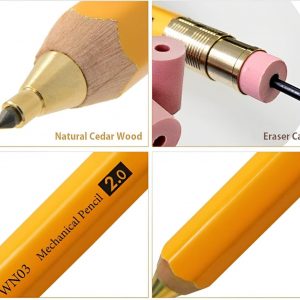 WN03 Wooden Mechanical Pencil Set, 2.0mm Extra Bold, Thick Barrel, Incense Cedar Yellow Pencil with Lead Refills (HB, B), Eraser Refills, and Brass Sharpener for Writing, Sketching, Drawing