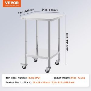 VEVOR Stainless Steel Work Table 24 x 24 x 38 Inch, 700 LBS Load Capacity with 4 Wheels, 3 Adjustable Height Levels, Heavy Duty Food Prep Worktable for Commercial Kitchen Restaurant, Silver