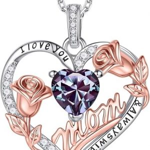 Iefil Mothers Day Gifts for Mom - 925 Sterling Silver Rose Heart Birthstone Necklace, Birthstone Jewelry Gifts for Mom/Mother in Law