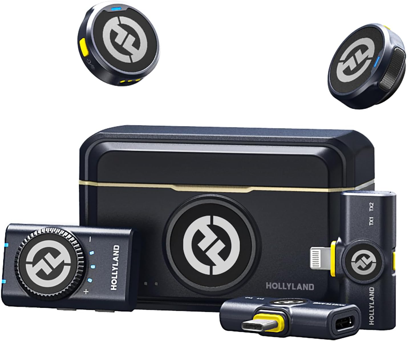 Micrófono inalámbrico Hollyland Lark M2 para iPhone/Cámara/Android/PC, Audio de alta fidelidad 48kHz/24-bit, Alcance de 300m, Cancelación de ruido, 40h de uso, YouTube, Vlog, Transmisión (2TX + 3RX +