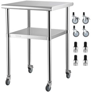 VEVOR Mesa de preparación de acero inoxidable, 24 x 24 x 33.5 pulgadas, capacidad de carga de 600 libras, mesa de trabajo de metal resistente con estante inferior ajustable y ruedas universales